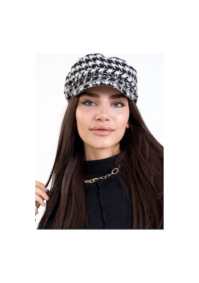 Ladycolor Kadın Kışlık Şapka Kaşe Kaptan Kışlık Zincir Aksesuarlı Kazayağı Desen Beyaz