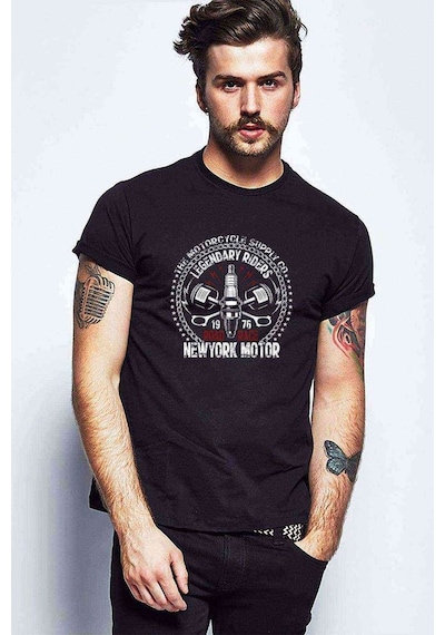 American Road Race Motorsiklet Baskılı Siyah Erkek Tshirt