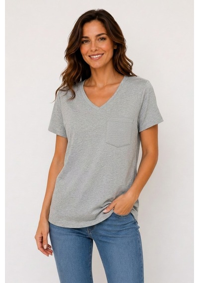 Lyvean V Yaka Cepli Oversize Tshırt Gri