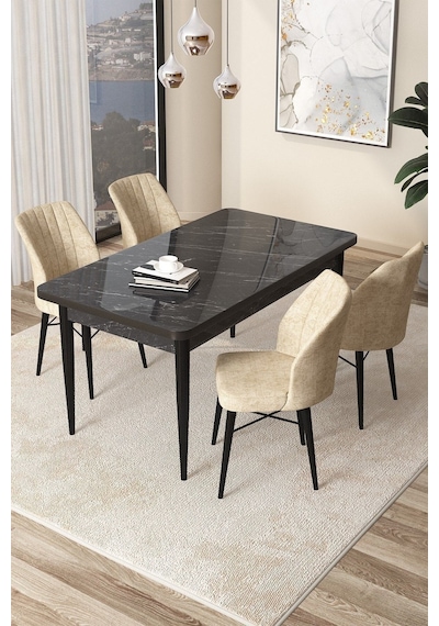 Canisa Arp Serisi, Siyah Mermer Desen Masa 71x110 Sabit Mutfak Masa Takımı, 4 Krem Sandalye Beyaz Canisa Arp Serisi, Siyah Mermer Desen Masa 71x110 Sabit Mutfak Masa Takımı, 4 Krem Sandalye Beyaz
