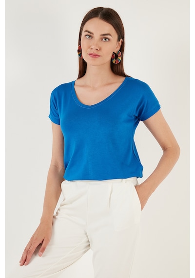 Lela V Yaka Relaxed Fit Yırtmaç Detaylı 2'Li Paket Bayan Bluz 5862000S2 Ekru-Saks