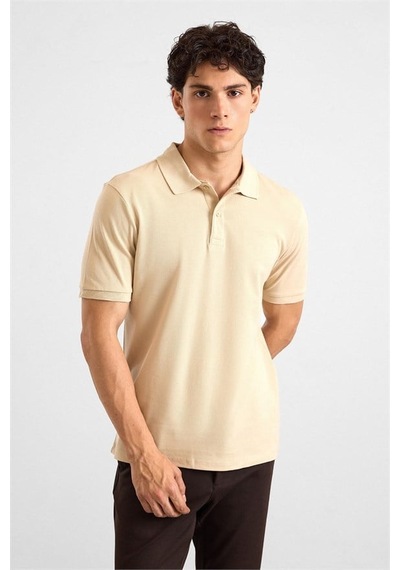 Süvari Bej Regular Düz Baskısız Pike Düğmeli Polo Yaka Tişört Ts1014000411-bj3