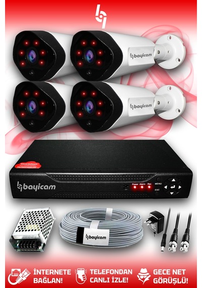 Bayicam 4 Kameralı Uzay 4 Dış Kamera Set HDD'siz Full HD Gece Görüşlü Güvenlik Kamerası Sistemi