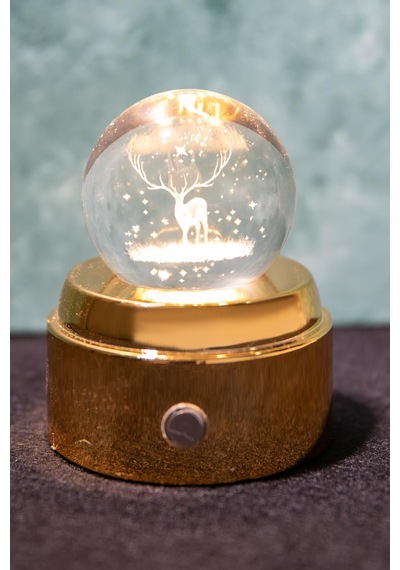 Mobgift 360 Derece Dönen Sarı Led Işıklı Gold Standlı Usb'li Kristal Geyik Model Cam Küre -