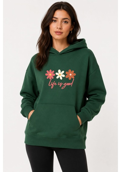 Herkesemoda Çiçek Baskılı Kapüşonlu 2 İplik Şardonlu Sweatshirt Yeşil