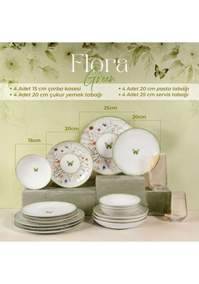 Güral Flora Green 16 Parça 4 Kişilik Yemek Takımı 4883 Desenli