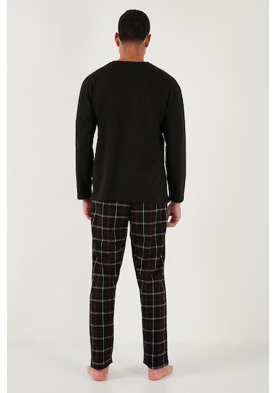 Buratti Ekoseli Regular Fit Yüksek Bel Cepli Bisiklet Yaka Erkek Pijama Takımı 6574002 Siyah-Siyah