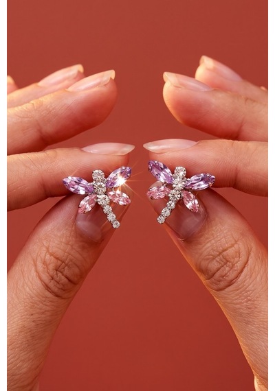 Valmont Accessories Yusufçuk Figürlü Mor Ve Pembe Taşlı Işıltılı Zarif Kadın Küpe