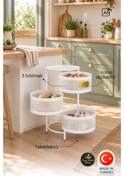 River World Tekerleksiz Rengi Beyaz Açılabilen 3 Katlı Çok Amaçlı Metal Raf Mutfak, Balkon, Kiler Çok Renkli
