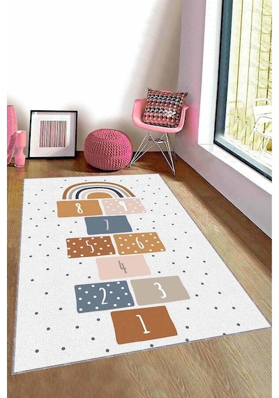 Ekru Kaymaz Tabanlı Seksekli Oyun Halısı Çocuk Halısı Ar1345n11