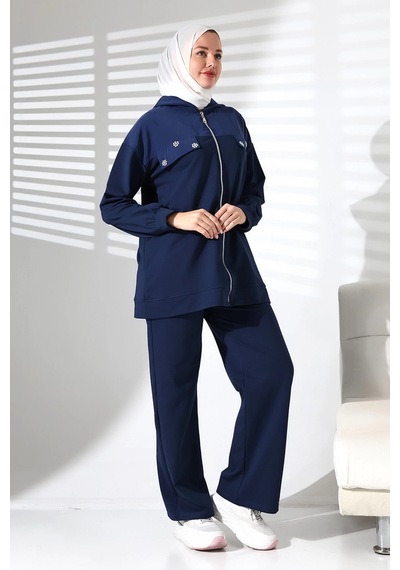 Mihran Butik Kadın Mevsimlik Alt Ve Üst Rahat Lacivert Spor Tesettür Takım Lacivert