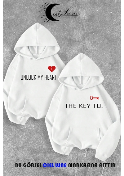 Nevermind Sevgili Çift Kombin Key To Yazı Baskılı Renk Kapüşonlu Sweatshirt Beyaz