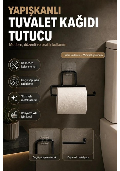 Yapışkanlı Tuvalet Kağıdı Tutucu Siyah Metal- Delmeden Kullanım - Banyo Wc Kağıtlık Diğer