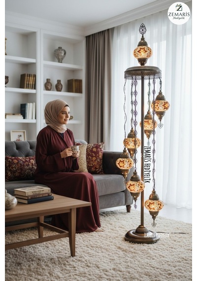 El Yapımı Otantik Mozaik Lambader 7 Li 6+1 Camlı Kahverengi - 857622442 Diğer