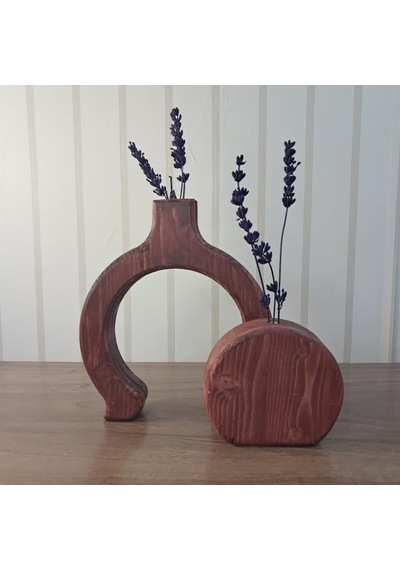El Yapımı Ahşap Vazo Seti, Masif Çam, Antik Meşe Rengi, 2'li Set, Dekoratif Çiçeklik, 18x18 Cm Ve 12x12 Cm, Rusti Çok Renkli