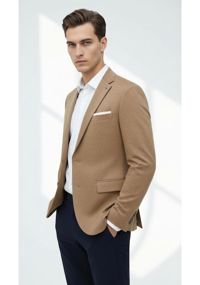 Plus Scorpion Erkek Esnek Kumaş Slim Fit Blazer Ceket Günlük & Ofis Şıklığı Taba