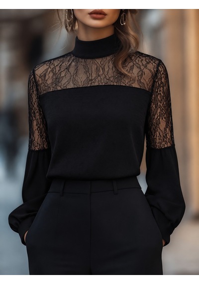 Butik İstanbul Kadın Uzun Kollu Balıkçı Yaka Dantelli Janjan Krep Bluz Siyah