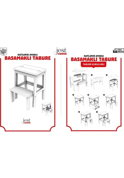 Doğal Ahşap Katlanır Ayaklı Iki Basamaklı Merdiven - Tabure - Ceviz Diğer