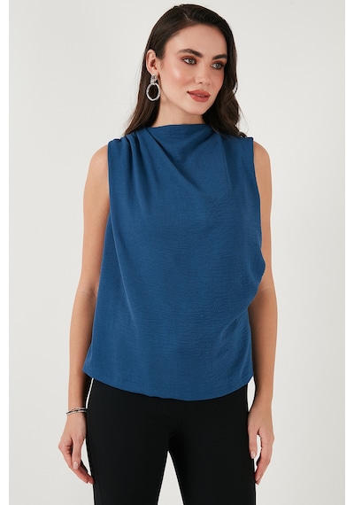 Lela Slim Fit Dik Yaka Omuz Büzgülü Bayan Bluz 6527836 Indigo