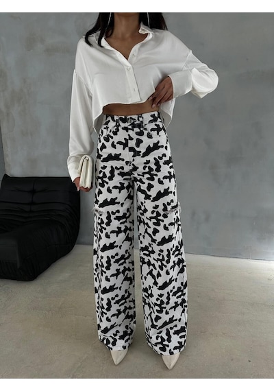 Zeo Basic Baggy Pantolon Beyaz&siyah İnek Desenli Yanlardan Lazerli Beyaz