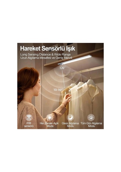 40 Cm Sensörlü Alüminyum Usb Şarjlı Led Gece Lambası 3 Renk Kısılabilir Mutfak Tezgah & Dolap İçi Çok Renkli