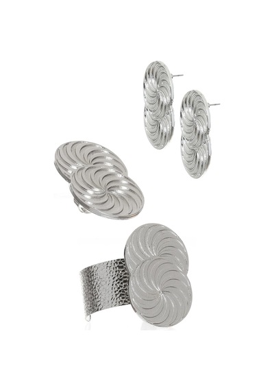Kadın Lak Gümüş Renk Kaplama Spiral Baskılı Tasarım Küpe &yüzük &bilekik Set Gümüş