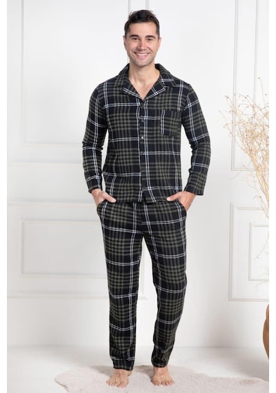 Mecit Pijama Mecit 2950 Erkek Yeşil Ekoseli Büyük Beden Kışlık Pijama Takımı Yeşil
