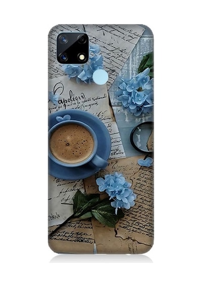 Realme 12 Uyumlu Mavi Çiçekler Ve Mektuplar Desenli Silikon Kılıf