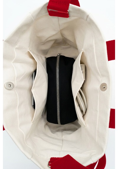 Tuttobene Harmony Mini Boy Tote Bag Kanvas Astarlı Cepli Çıtçıtlı Ayarlanabilir Askılı Kadın El Omuz Çantası - Küçük Boy Günlük Çanta Tb062 Beyaz - Kırmızı
