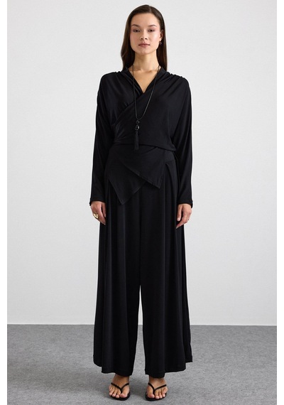 Olcay Asimetrik Kesim Şalvar Pantolon Kimono Takım Siyah 9475-tk