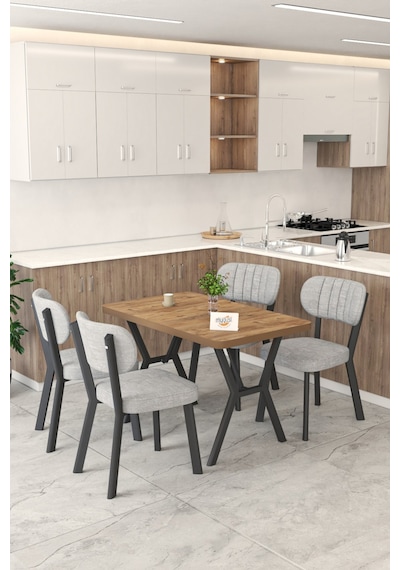 Gnr 70x110cm Sabit Atlantik Mutfak Masası Takımı, Yemek Masası, 4 Modern Gri Sandalye Gri