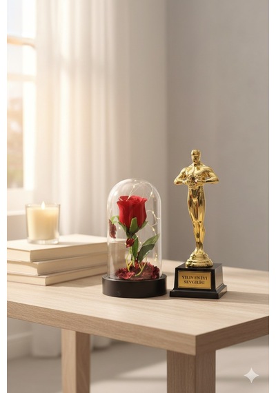 Home Dekor Hediye Sevgililer Gününe Romantik Hediye Yılın En İyi Sevgilisi Oscar Biblo Ve Işıklı Mika Fanus Gül Seti