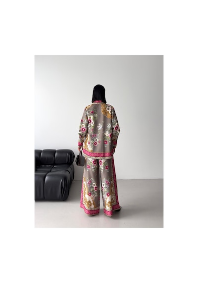 Wellway İthal Chokellaa Kumaş Çiçekli Tunik Gömlek & Pantolon 2li Takım-sarı -26123 Pembe