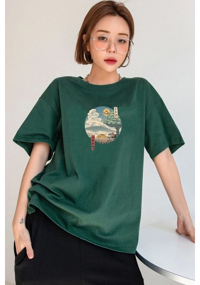 Unisex Neighbor's Ukiyo E Baskılı T-shirt Yeşil