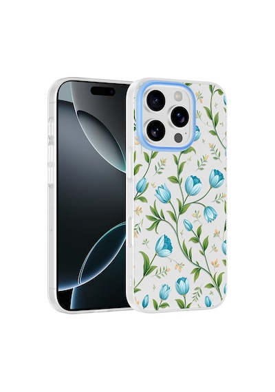 iPhone 16 Pro Max Kılıf Kamera Korumalı Desenli Zore Klip Kapak - Mavi Lale -