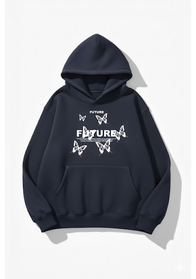Uyguntarz Unisex Yumuşak Dokulu Future Butterfly Baskılı Tasarım Oversize 3 İplik Hoodie Sweatshirt Indigo