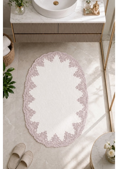Pudra İşlemeli Kaymaz Deri Tabanlı Oval Banyo Paspası Güpürlü Yıkanabilir Banyo Takımı Piera Beyaz