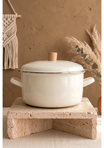 Terra Cook Ahşap Kulplu,paslanmaz Saplı Krem Süzgeçli Emaye Kızartma Tenceresi 22 Cm Krem