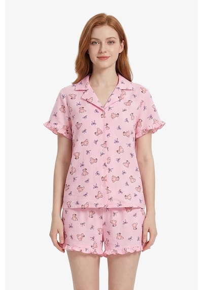 Cottonhill Pudra Ayıcık Desenli Bürümcük Gömlek Yaka Kadın Şortlu Pijama Takımı