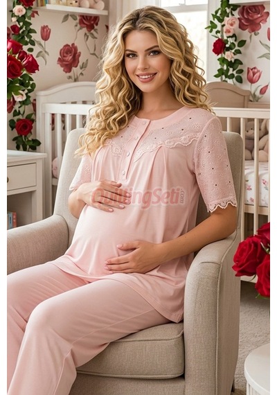 Lady Bebe Pembe Renkli Dantel Detaylı 33206 Kısa Kol 2 Parça Lohusa Hamile Pijama Takımı Açık Pembe