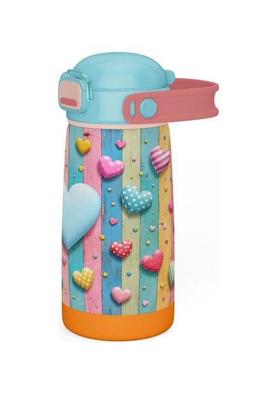 Puccon 420 Ml Turkuaz Pembe Kız Çocuk Kalp Desenli Çelik Matara - 60012