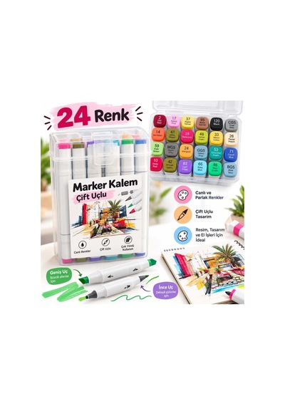 24 Renk Çift Uçlu Marker Kalem Seti Çok Renkli