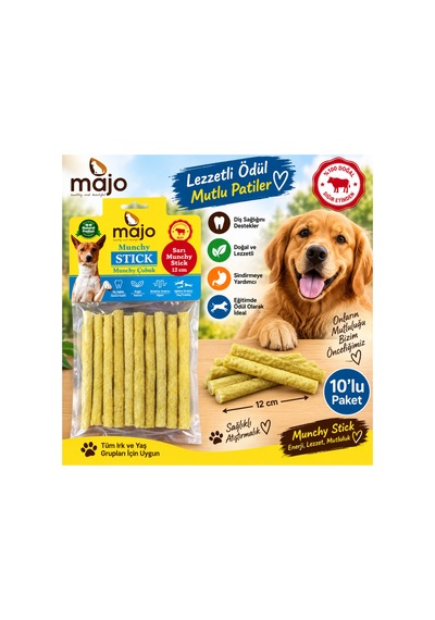 Majo Sarı Munchy Stick Köpek Çubuk Ödülü 12 Cm 10 Lu Paket Doğal Sığır Eti Çiğneme Ödülü