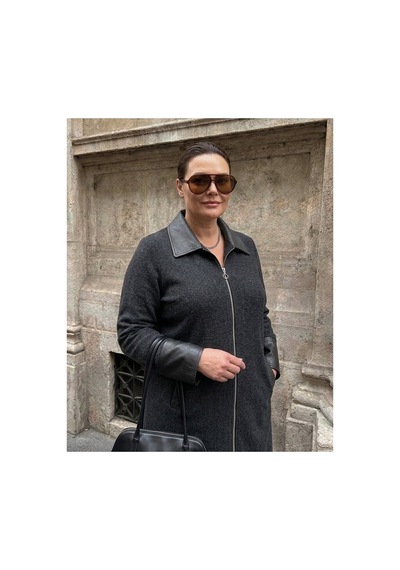 Onno Style Women Yaka Kol Ağzı Derili Çelik Örgü Triko Kaban Siyah