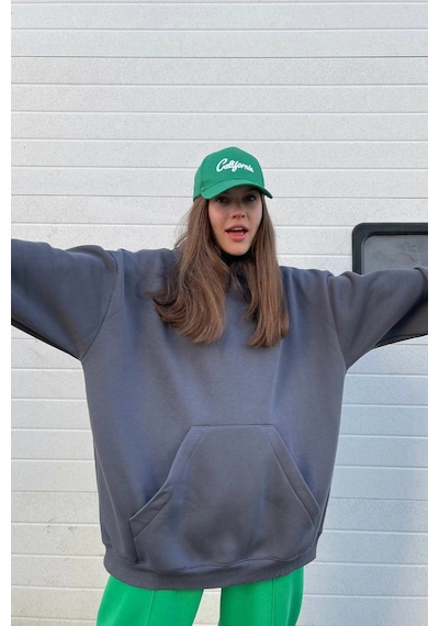 Madmext Füme Kapüşonlu Şardonlu Oversize Sweatshirt Mg1566 Füme