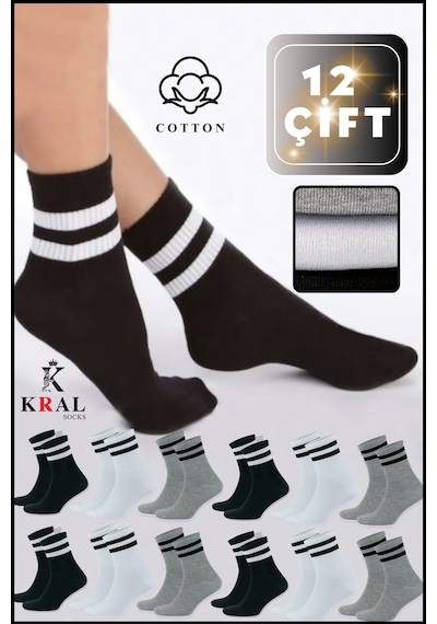 Kral Socks Erkek Kadın 12 Çift Çizgili Kolej Tenis Çorabı Pamuklu Terletmez Çorap Asorti