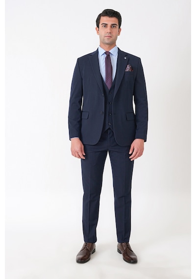 Efor Slim Fit Çift Yırtmaç Esnek Yünlü Lacivert Yelekli Takım Elbise Tk 958