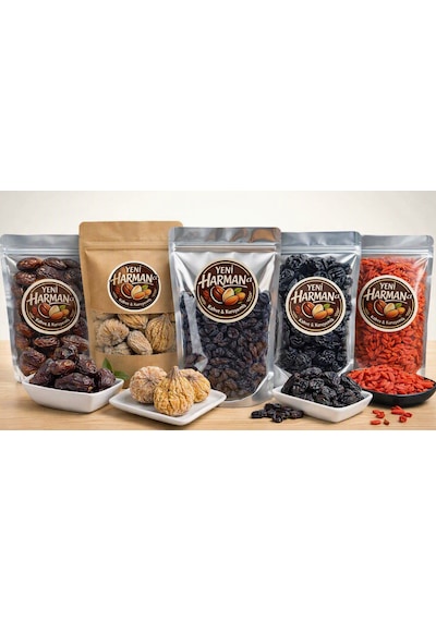 Yeni Harmancı 5'li Premium Kuru Meyve Harmanı 1,25 Kg Goji Berry 250gr, Kudus Hurma 250gr, Özbek Üzümü 250gr, Özbek Eriği 250gr, Kuru Dağ Inciri Aydın 250gr 1250 G