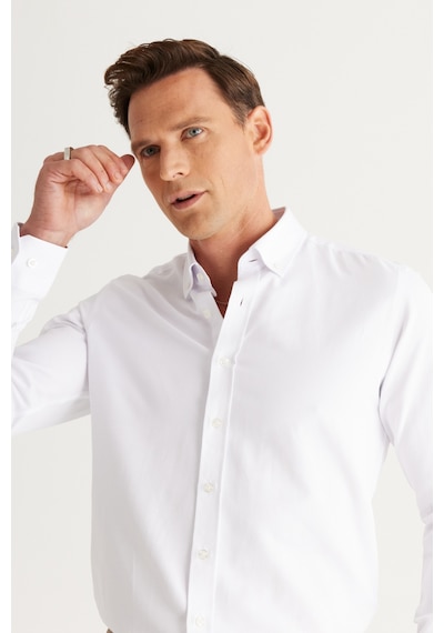 Erkek Beyaz Slim Fit Dar Kesim Oxford Düğmeli Yaka Armürlü Pamuklu Gömlek Beyaz