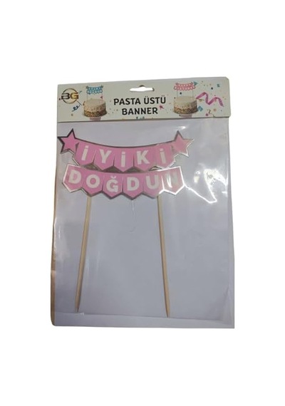 İyi Ki Doğdun Pasta Üstü Banner, Pembe Ve Altın Renk, 18x7 Cm Açık Bej